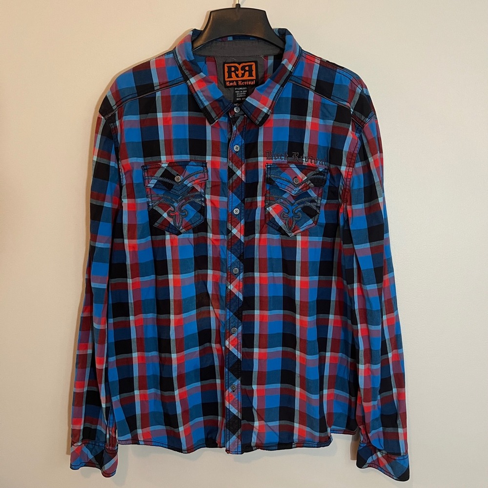 Rock Revival Y2K Men Plaid Long Sleeve Western Button Cyber Grunge XXL Rocker